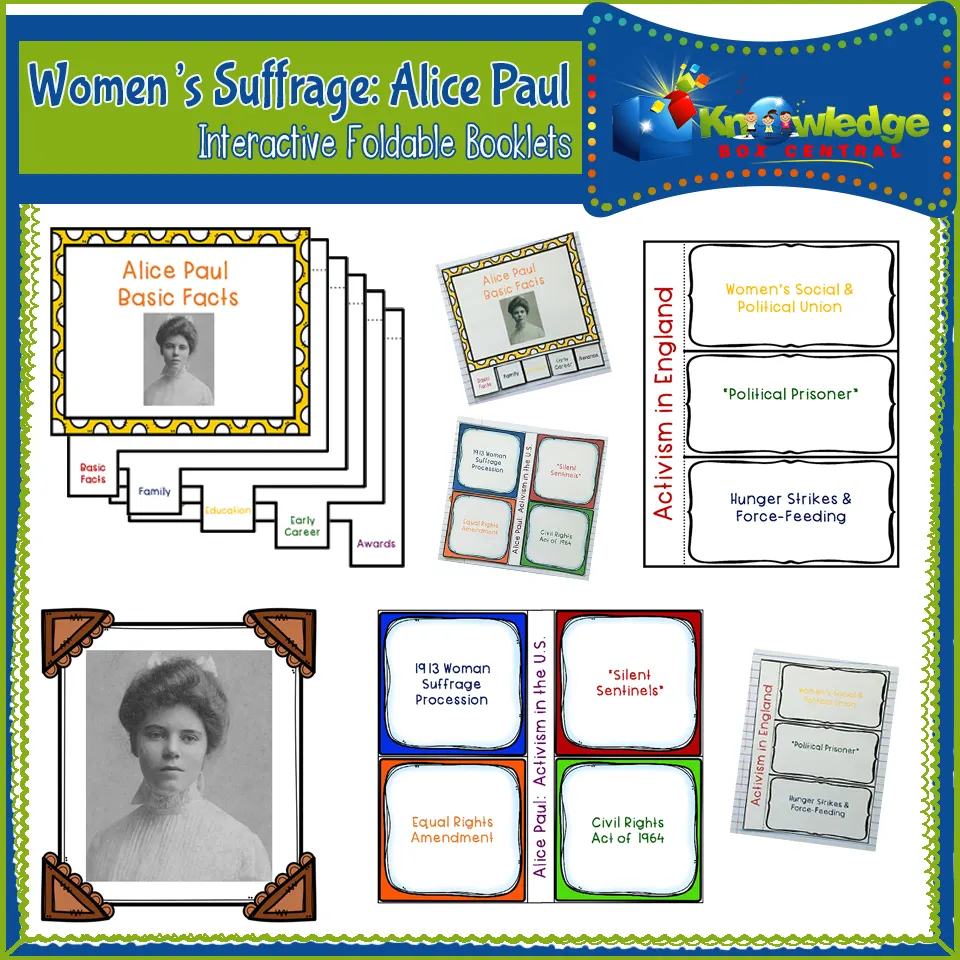 An educational teaching resource from Knowledge Box Central entitled Women's Suffrage: Alice Paul Interactive Foldable Booklets – EBOOK downloadable at Teach Simple.