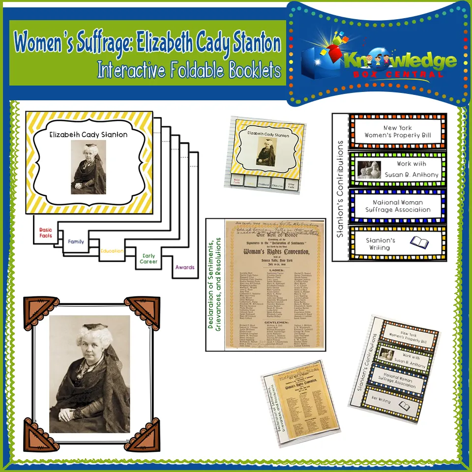 An educational teaching resource from Knowledge Box Central entitled Women's Suffrage: Elizabeth Cady Stanton Interactive Foldable Booklets – EBOOK downloadable at Teach Simple.