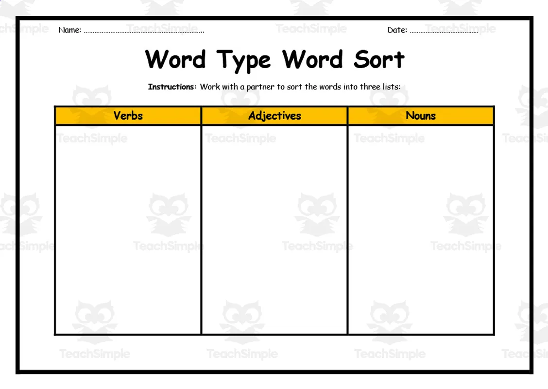 Word Type Word Sort Worksheet by Teach Simple