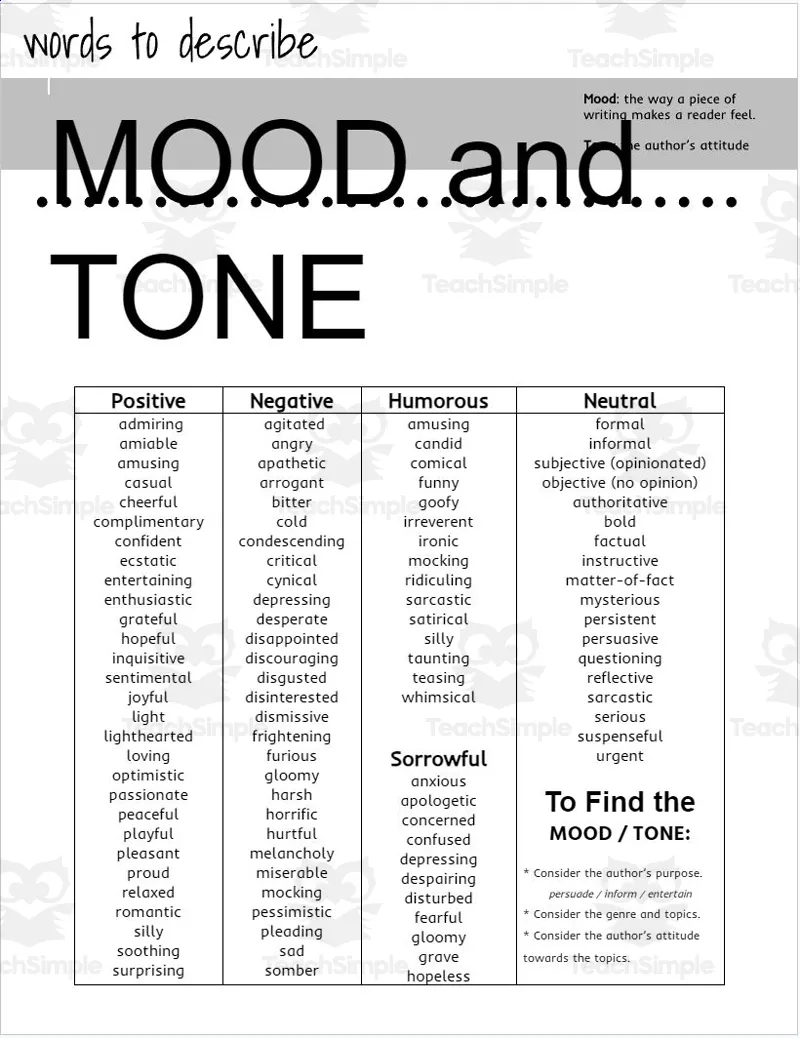 Words to Describe Mood and Tone by Teach Simple