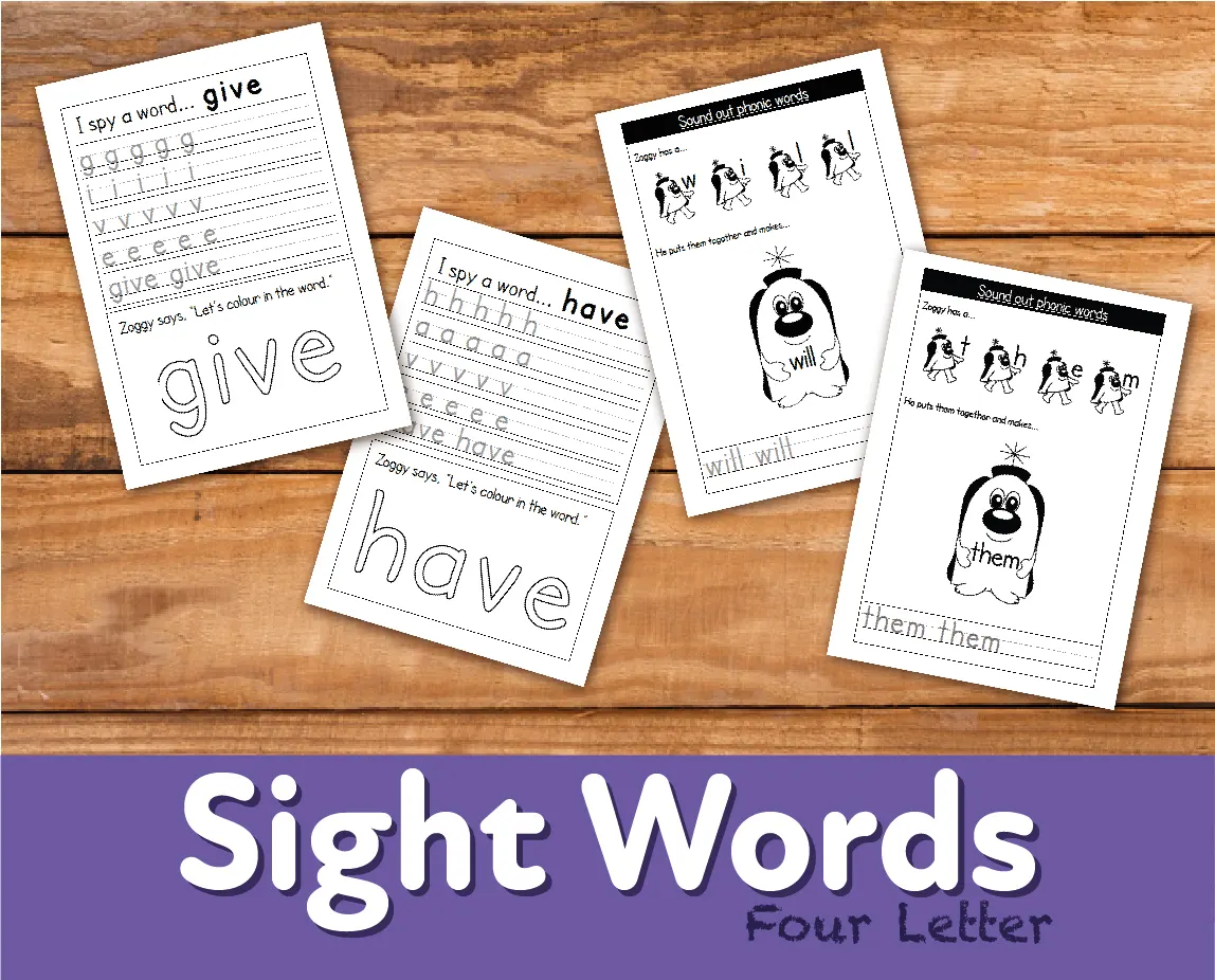 An educational teaching resource from Guinea Pig Education entitled WORKSHEETS To Reinforce Four Letter Sight Words (4-7 years) downloadable at Teach Simple.