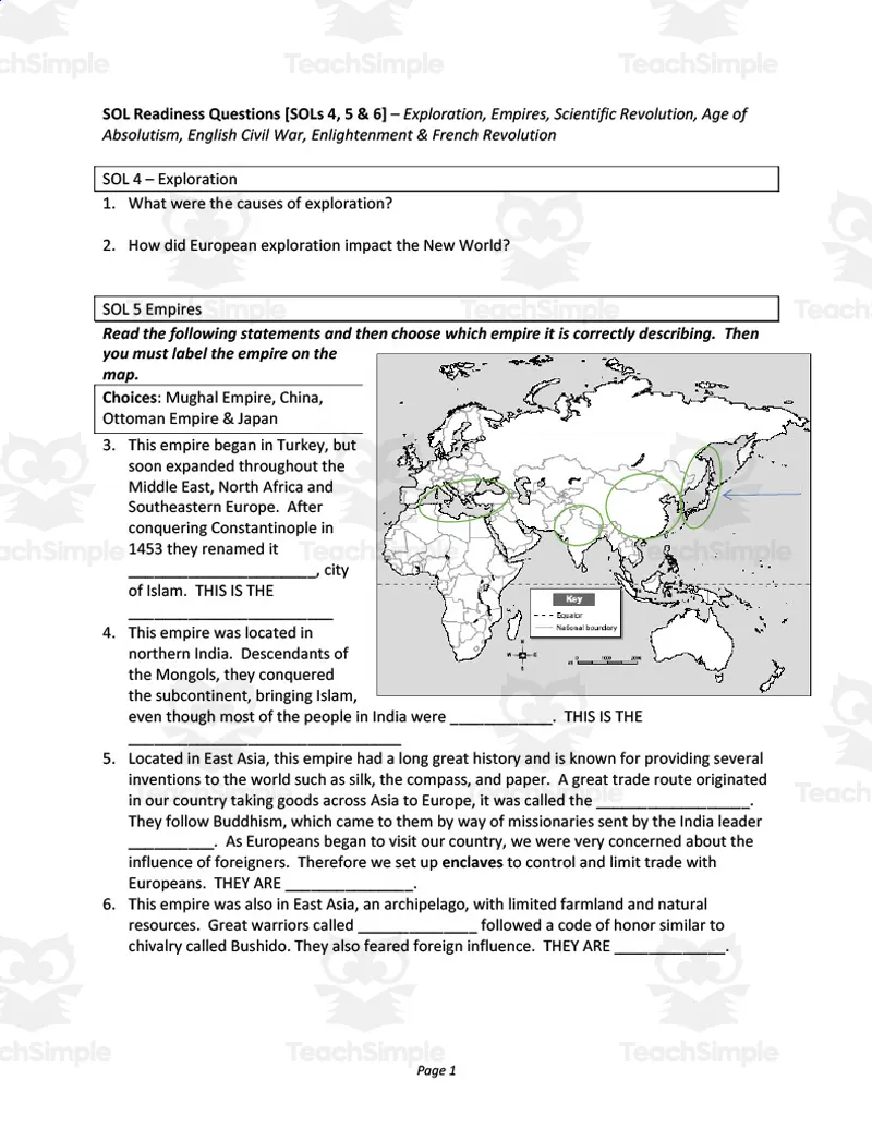 An educational teaching resource from History with DeLong entitled World History 2 Course Review | SOL 4, 5, 6 Review Questions downloadable at Teach Simple.