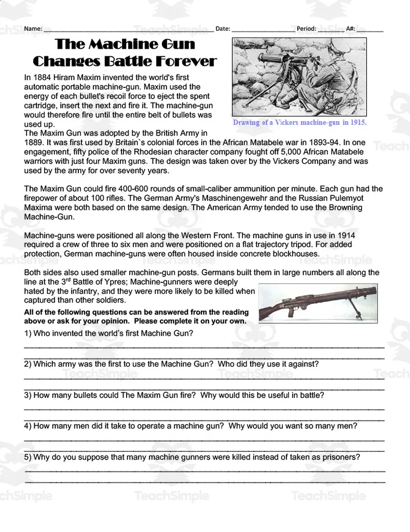 An educational teaching resource from DrDrew entitled WWI: The Machine Gun Changes Battle Forever downloadable at Teach Simple.