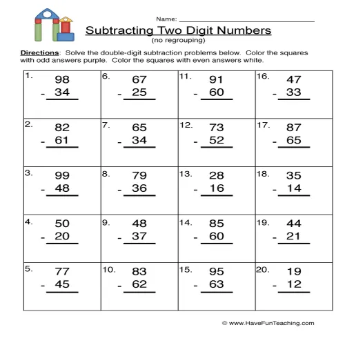 Blocks Double Digit Subtraction Without Regrouping Worksheet by Teach ...