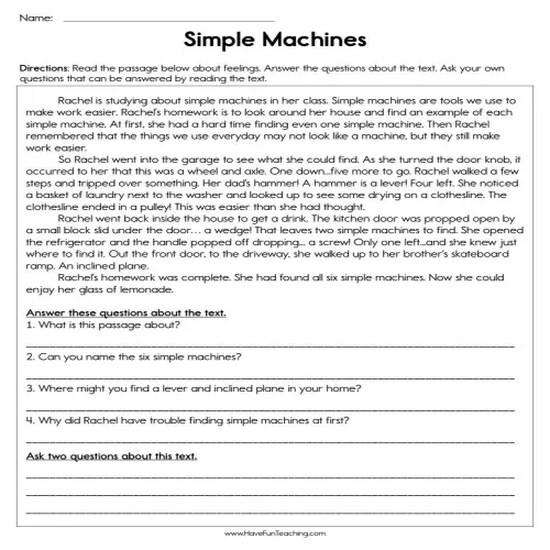 Simple Machines Reading Comprehension Worksheet by Teach Simple