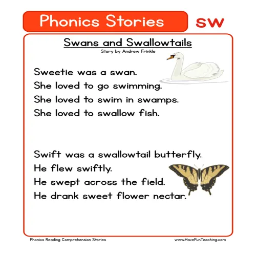 Swans and Swallowtails SW Phonics Stories Reading Comprehension ...