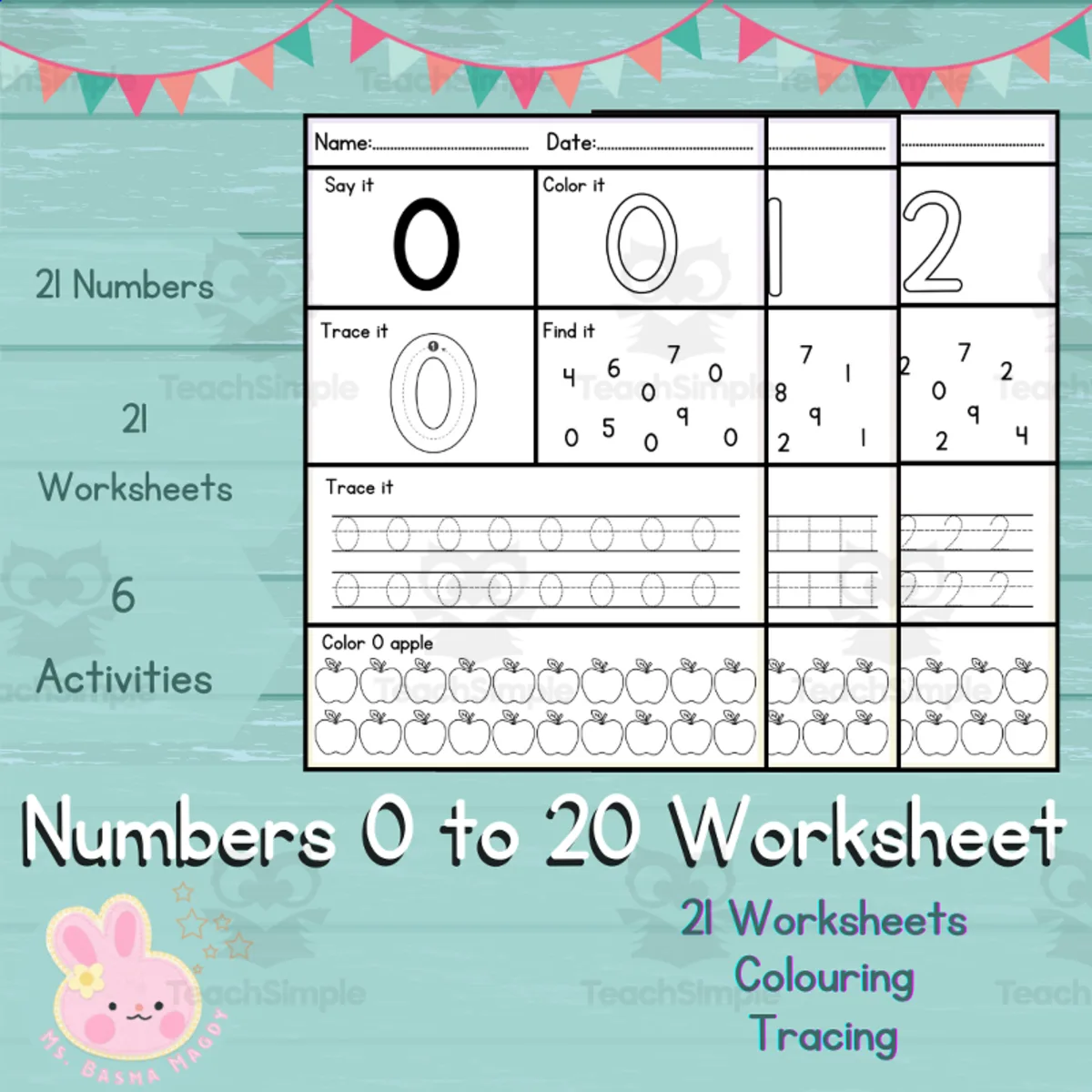 An educational teaching resource from Ms.BasmaMagdy entitled 0 to 20 Numbers worksheets - Practice with 6 Activities on each number downloadable at Teach Simple.