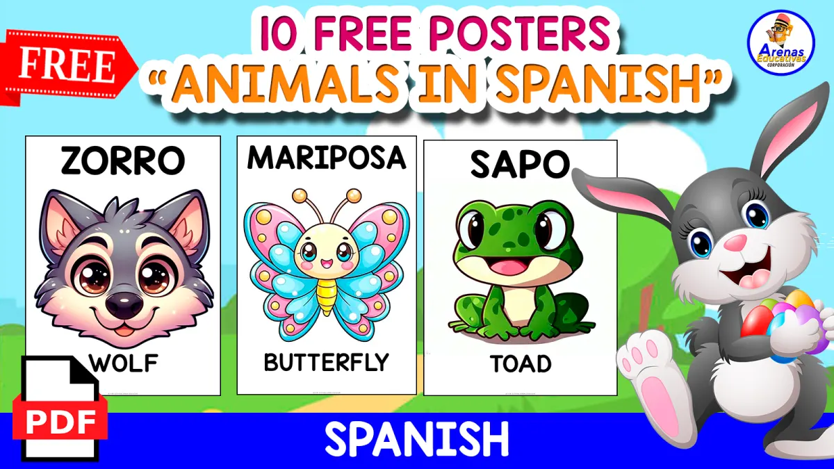 An educational teaching resource from EDITORIAL LAURA EDUCA entitled 10 FREE POSTERS OF ANIMALS IN SPANISH | FREE RESOURCE downloadable at Teach Simple.