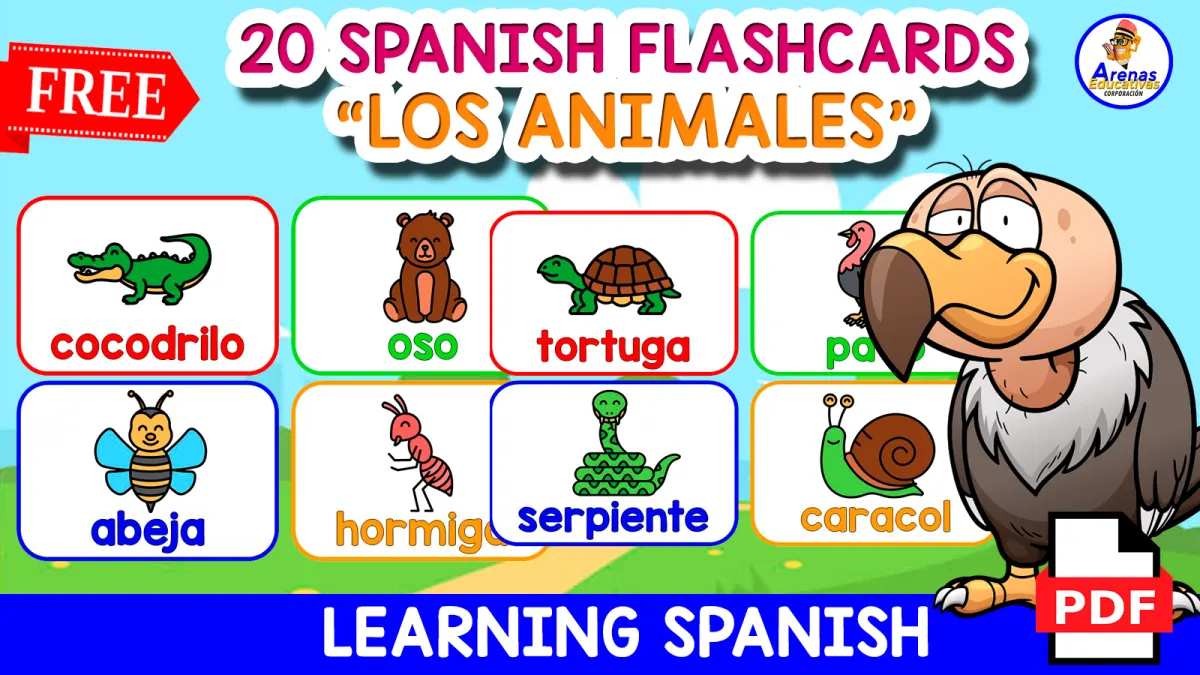 An educational teaching resource from EDITORIAL LAURA EDUCA entitled 20 FREE SPANISH FLASHCARDS | "Los Animales" downloadable at Teach Simple.
