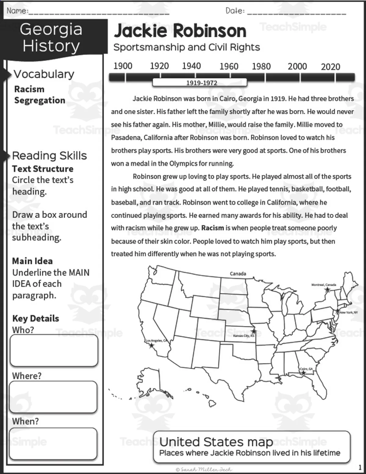 An educational teaching resource from Sarah Miller Tech entitled 2nd Grade Reading Packet: Jackie Robinson downloadable at Teach Simple.