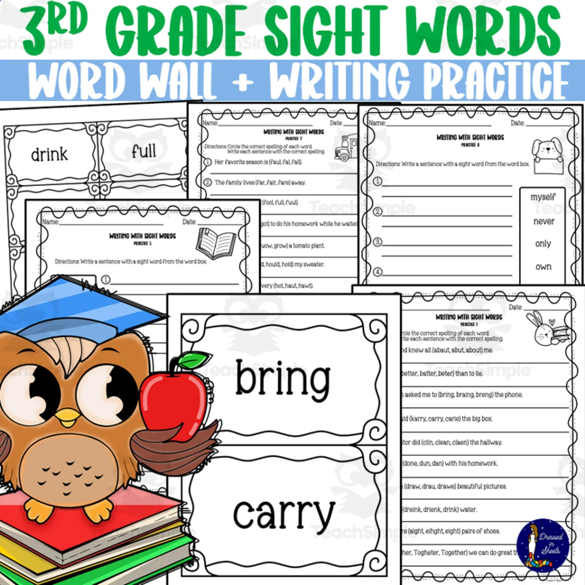 An educational teaching resource from Soumara Siddiqui entitled 3rd Grade Sight Words Word Wall Handouts and Writing Practice downloadable at Teach Simple.