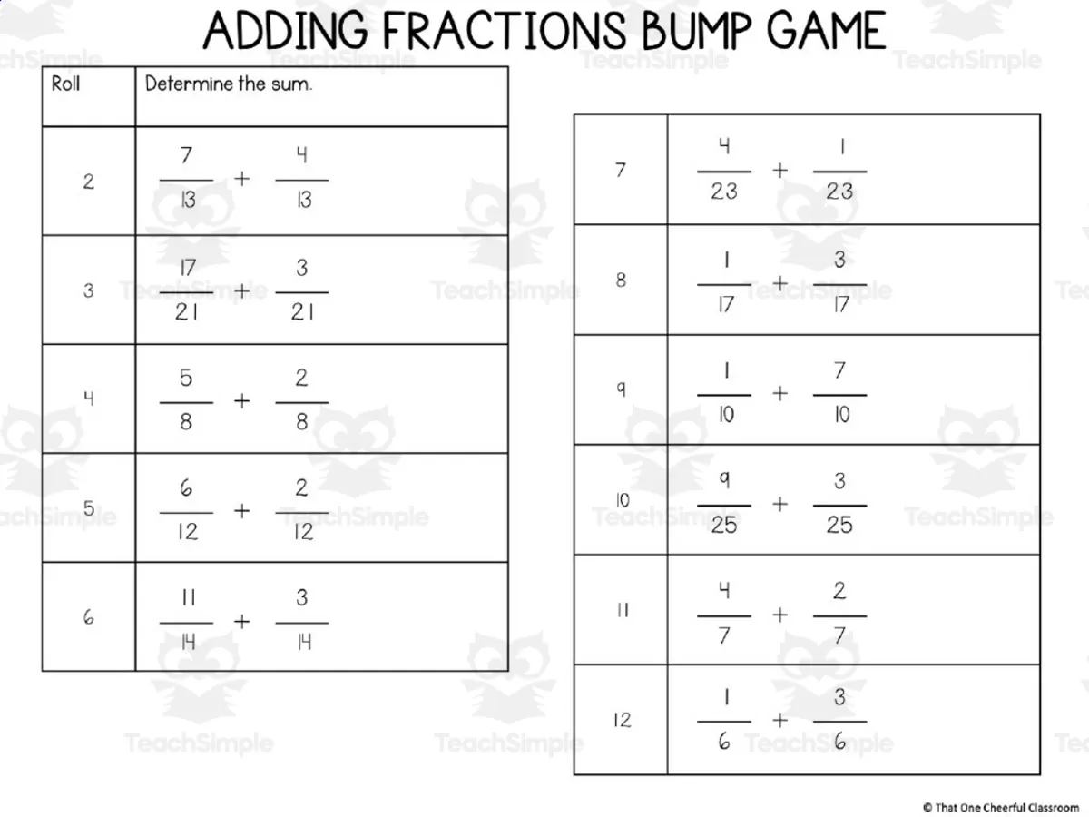 An educational teaching resource from That One Cheerful Classroom entitled 4th Grade Fractions Bump Games downloadable at Teach Simple.