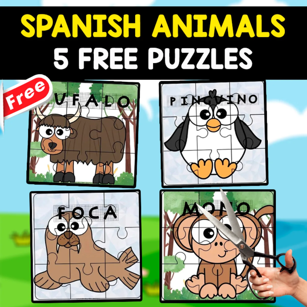 An educational teaching resource from EDITORIAL LAURA EDUCA entitled 5 FREE PUZZLES OF SPANISH ANIMALS | FREE RESOURCE downloadable at Teach Simple.