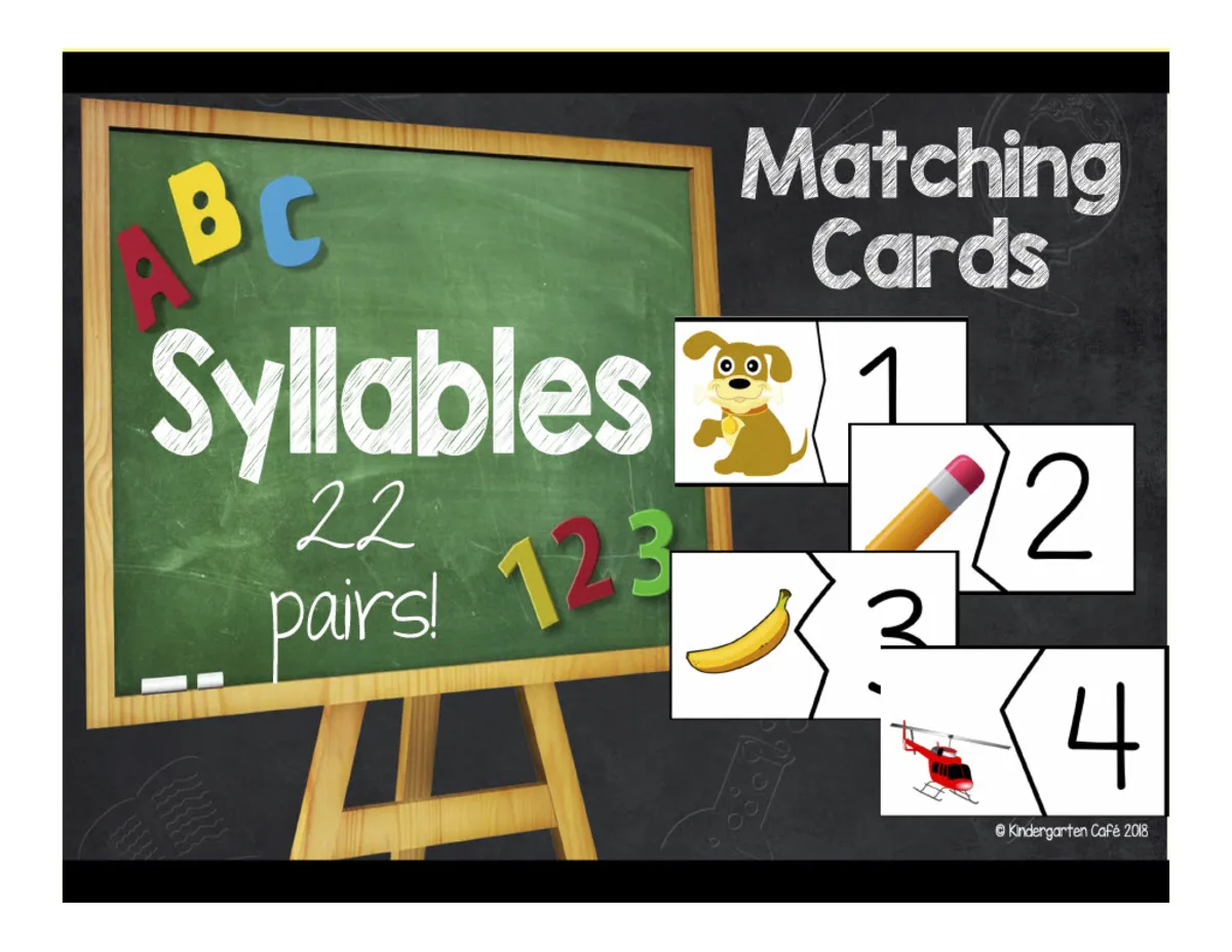 An educational teaching resource from Kindergarten Cafe entitled ABCs Syllables Matching Cards downloadable at Teach Simple.