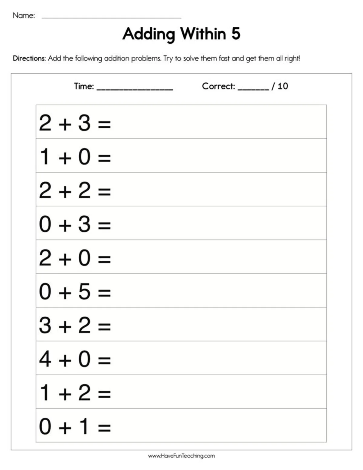An educational teaching resource from Have Fun Teaching entitled Adding Within 5 Worksheet downloadable at Teach Simple.