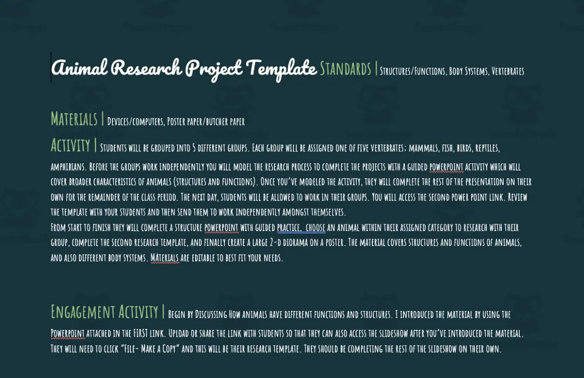 An educational teaching resource from Hey Teacher Shoppe entitled Animal Research Systems Project downloadable at Teach Simple.