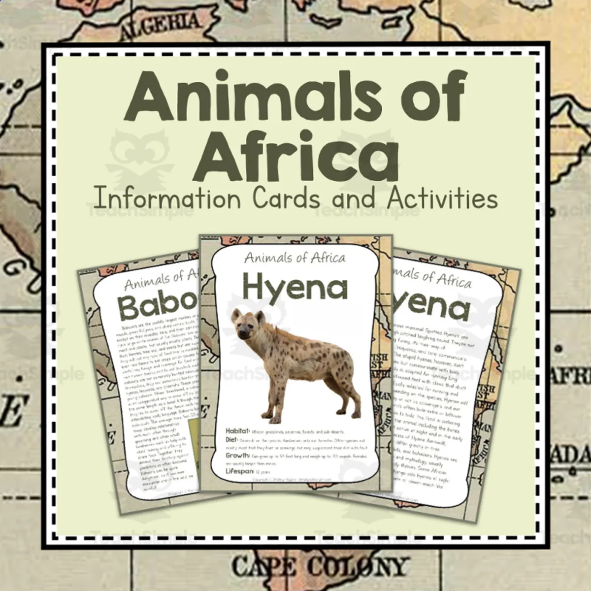 An educational teaching resource from Simply Schoolgirl entitled Animals of Africa | Africa Unit Study | Geography Bundle downloadable at Teach Simple.
