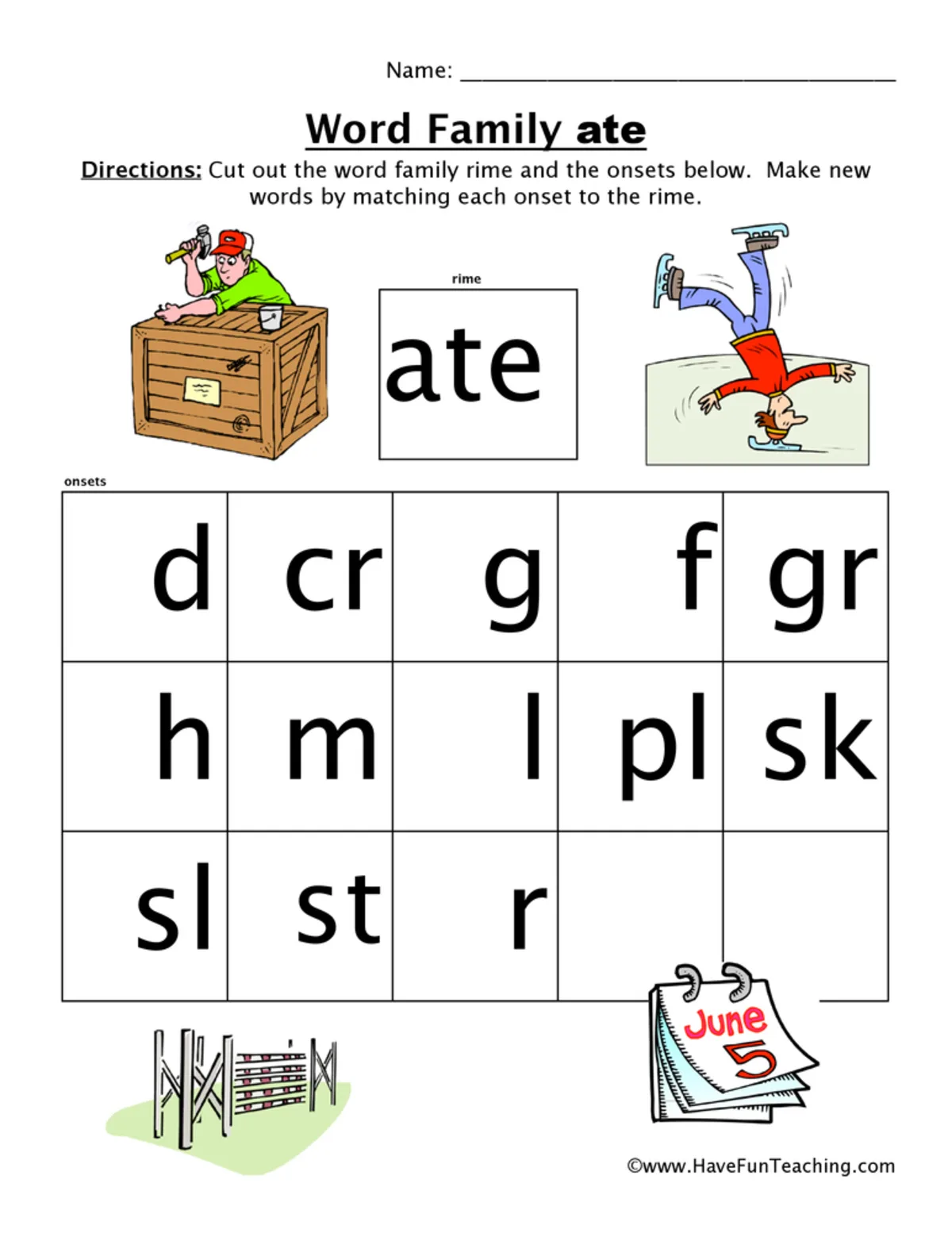 An educational teaching resource from Have Fun Teaching entitled ATE Word Family Worksheet downloadable at Teach Simple.
