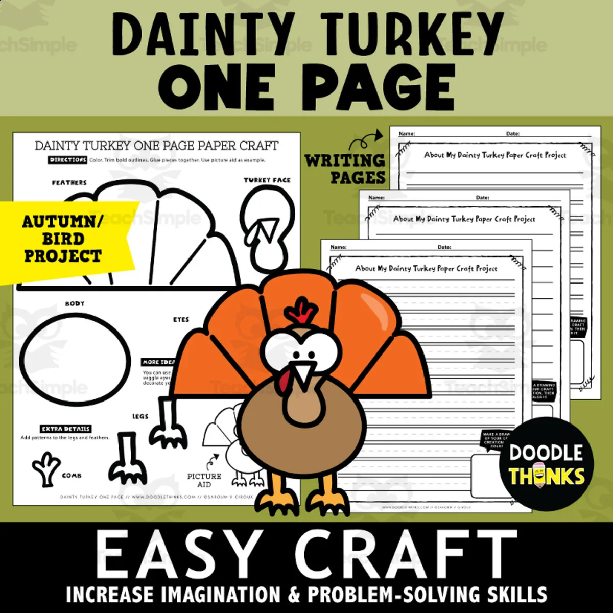 An educational teaching resource from Doodle Thinks entitled Autumn Turkey Paper Craft One Page Low Prep fot K - 3rd downloadable at Teach Simple.
