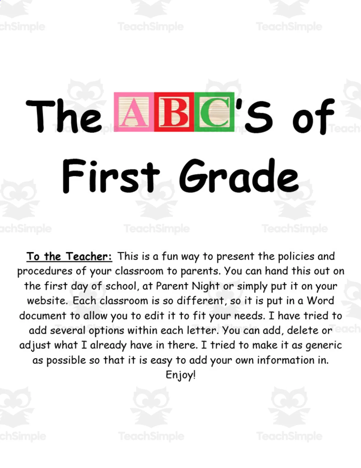 An educational teaching resource from Mister G's Teacher Shop entitled Back to School ABCs of 1st Grade downloadable at Teach Simple.