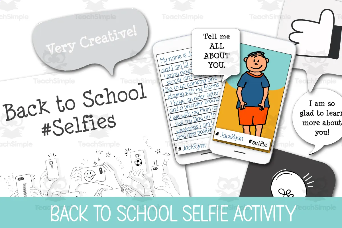 An educational teaching resource from Forever June Digital Design entitled Back to School Selfie Activity, Self Portrait Bulletin Board Display downloadable at Teach Simple.