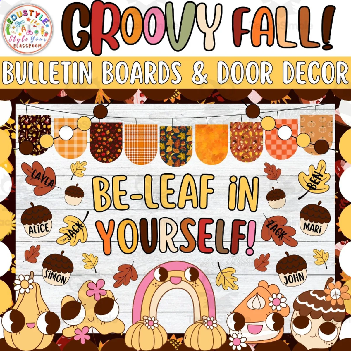 An educational teaching resource from Style Your Classroom entitled Be-leaf in Yourself: Retro Fall Bulletin Board or Door Decor Kit downloadable at Teach Simple.