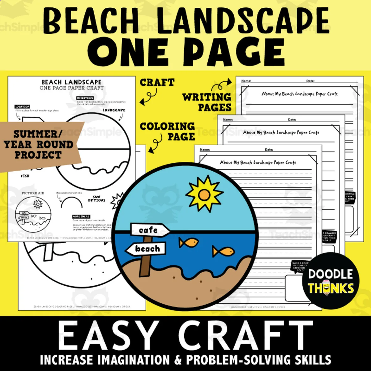 An educational teaching resource from Doodle Thinks entitled Beach Landscape One Page Paper Craft Activities | Ocean Theme downloadable at Teach Simple.