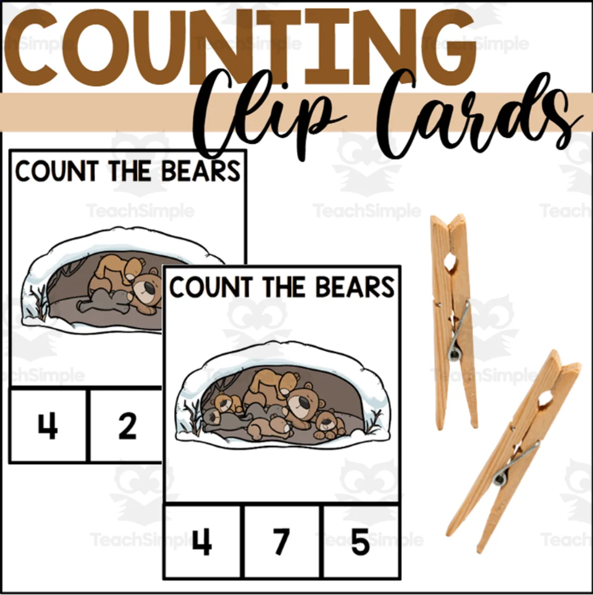 An educational teaching resource from The Connett Connection entitled Bear Counting to 10 Clip Cards downloadable at Teach Simple.