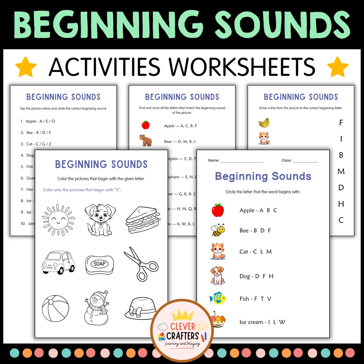 An educational teaching resource from Clever Crafters entitled Beginning Letter Sounds Worksheets - Alphabet Letter Sounds Activities downloadable at Teach Simple.