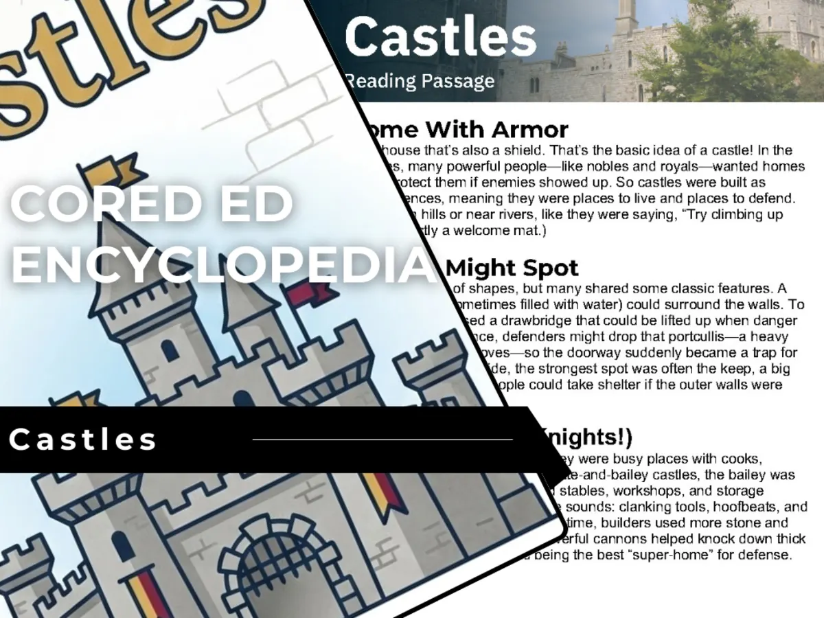 An educational teaching resource from Cored Education entitled Castles Reading Comprehension Passage - Cored Ed Encyclopedia downloadable at Teach Simple.