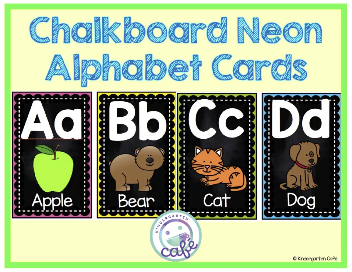 An educational teaching resource from Kindergarten Cafe entitled Chalkboard Neon Alphabet Cards - Bulletin Board Decor downloadable at Teach Simple.