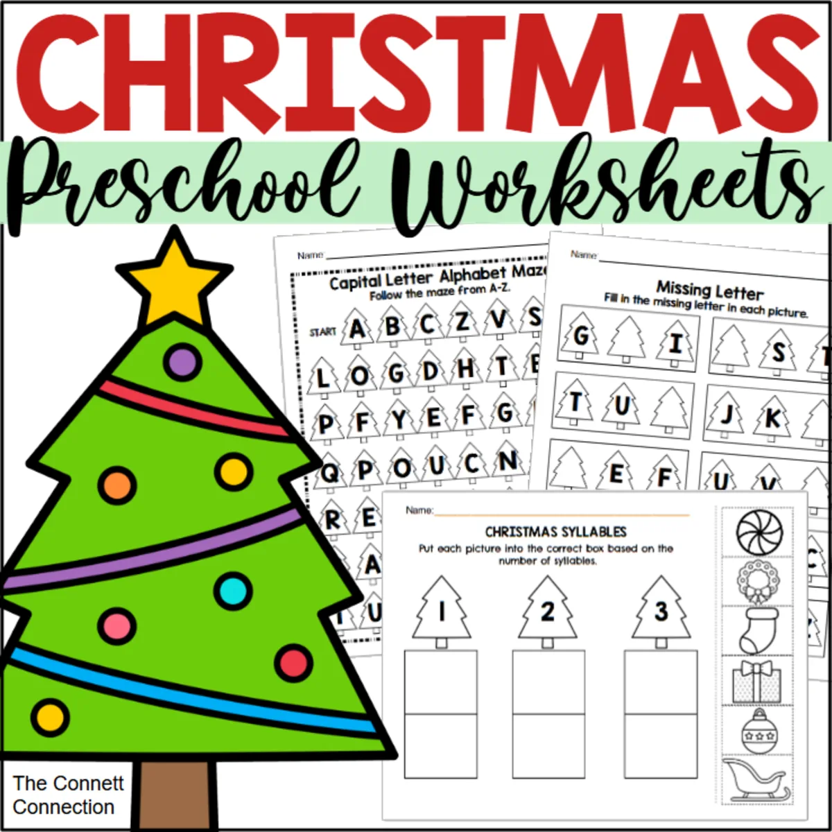 An educational teaching resource from The Connett Connection entitled Christmas Preschool Literacy Worksheets downloadable at Teach Simple.