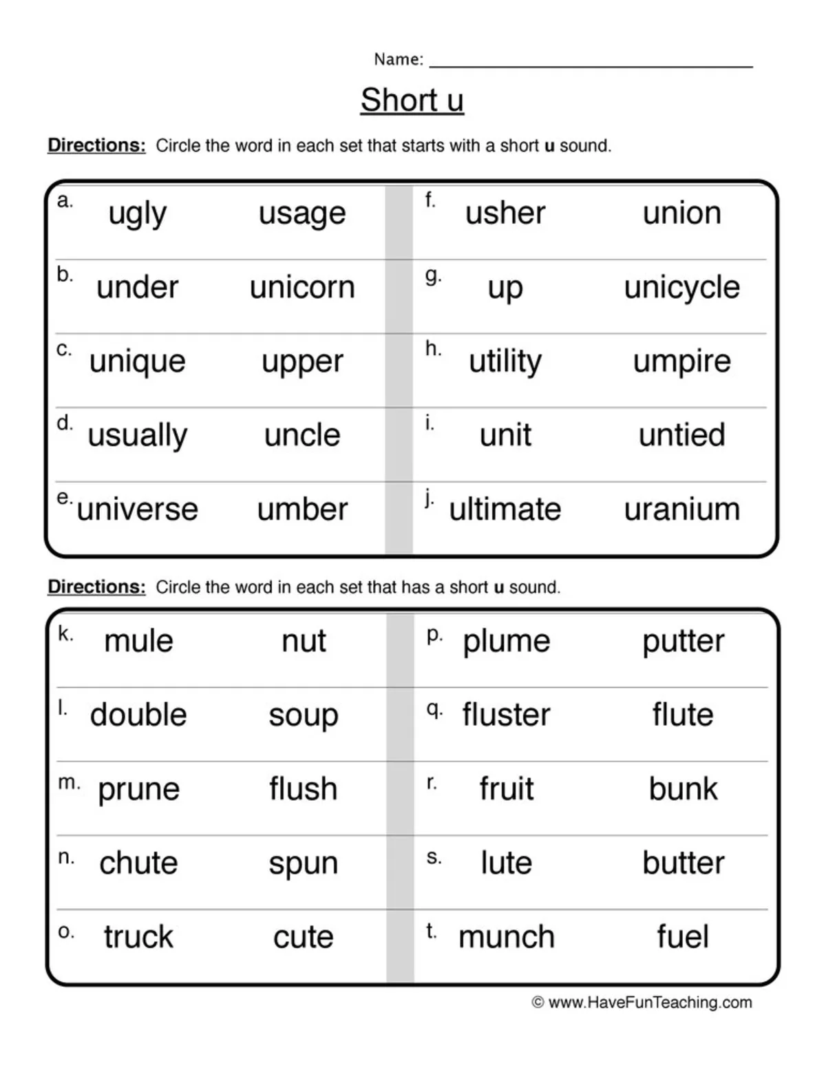 An educational teaching resource from Have Fun Teaching entitled Circling Short U Words Worksheet downloadable at Teach Simple.