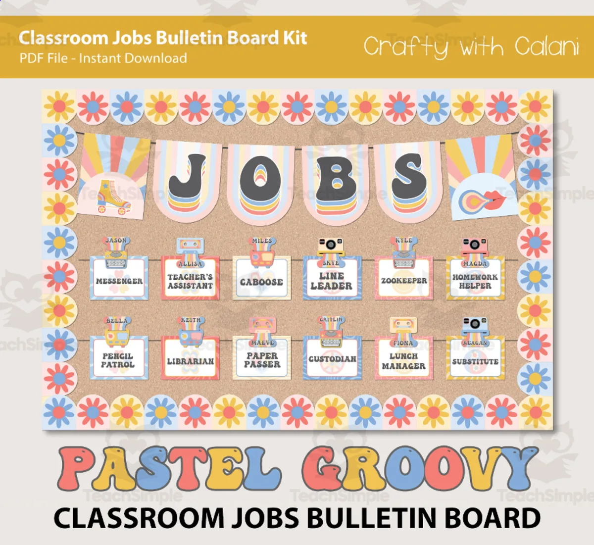An educational teaching resource from Crafty with Calani entitled Classroom Job Sign Bulletin Board in Pastel Retro Groovy Theme downloadable at Teach Simple.