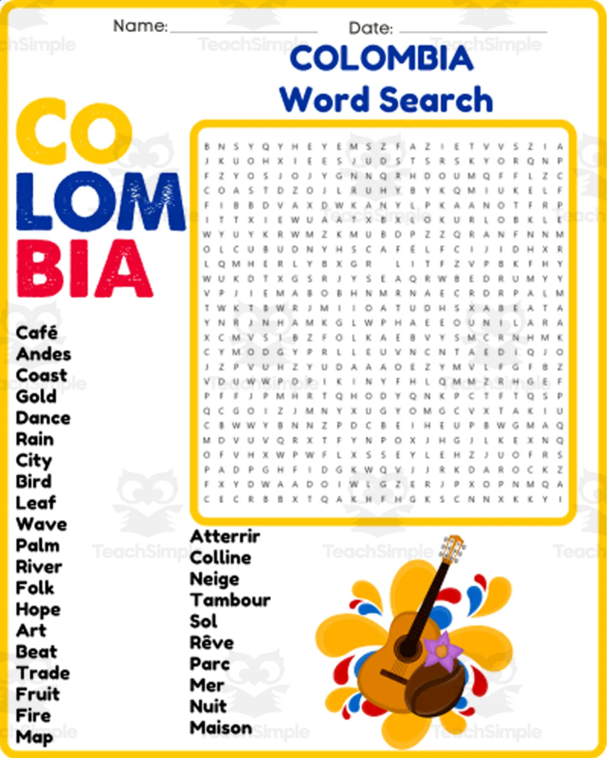 An educational teaching resource from space shope entitled COLOMBIA No Prep Word Search Puzzle Worksheet Activity downloadable at Teach Simple.
