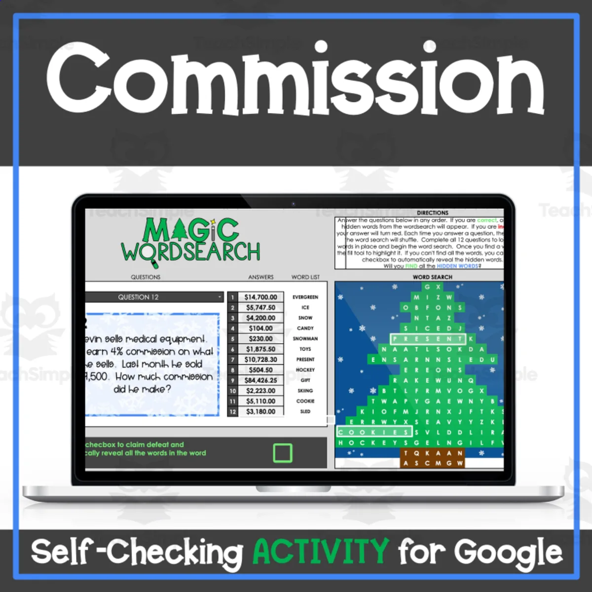 An educational teaching resource from Digitally Yours Shop entitled Commission Christmas - Holiday Digital Self-Checking Activity downloadable at Teach Simple.