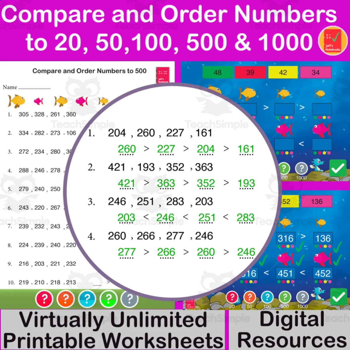 An educational teaching resource from Jeff's Notebooks entitled Compare and order numbers to 20, 50, 100, 500 & 1000 1st and 2nd Grade downloadable at Teach Simple.