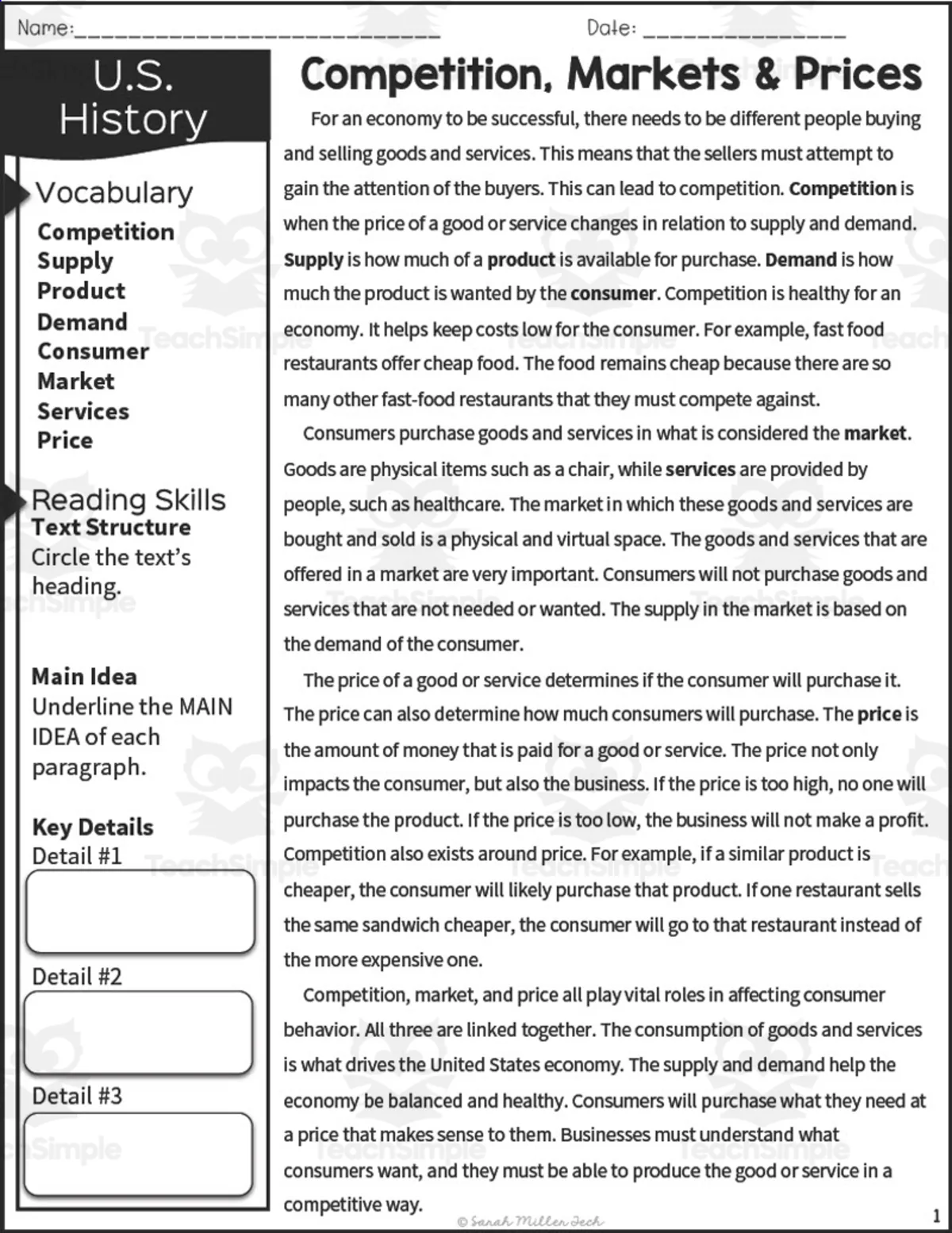 An educational teaching resource from Sarah Miller Tech entitled Competition, Markets + Prices Reading Packet downloadable at Teach Simple.