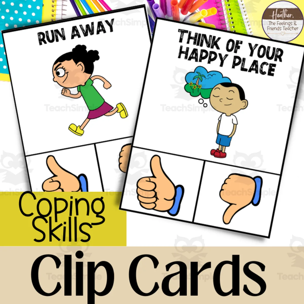 An educational teaching resource from The Feelings and Friends Teacher entitled Coping Skill Clip Cards For Understanding Good and Bad Coping Skills downloadable at Teach Simple.