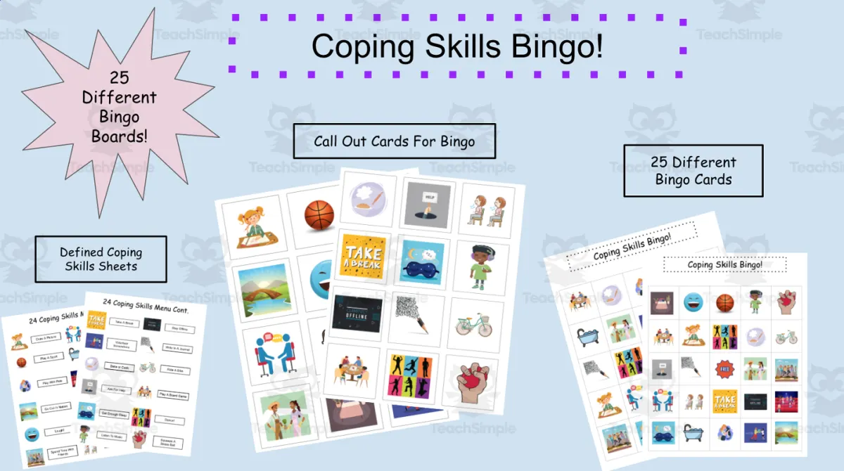 An educational teaching resource from Jennifer Moyer Taylor entitled Coping Skills Bingo downloadable at Teach Simple.