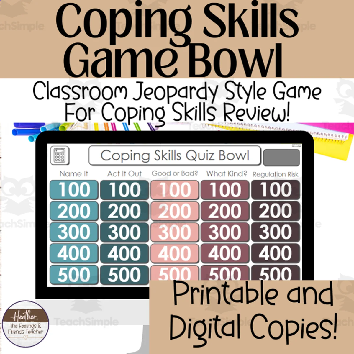 An educational teaching resource from The Feelings and Friends Teacher entitled Coping Skills Jeopardy Review Game Show | Coping Skills Lesson downloadable at Teach Simple.