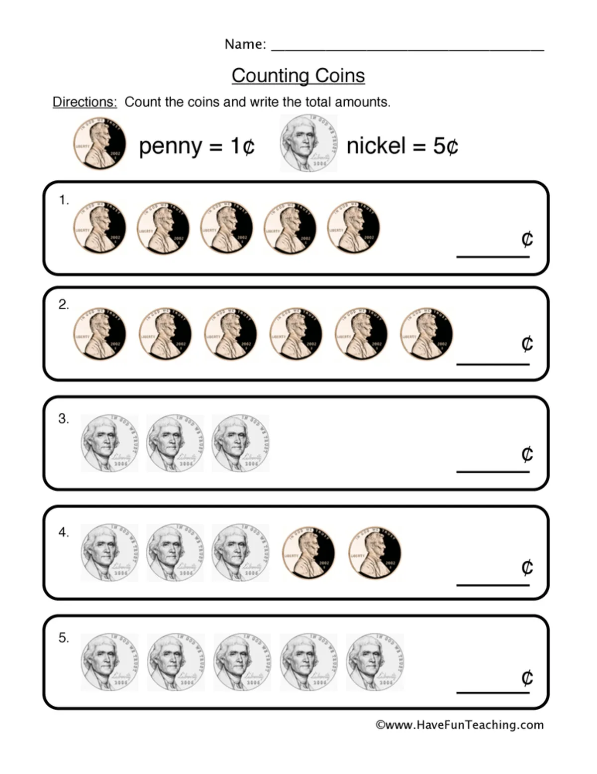 An educational teaching resource from Have Fun Teaching entitled Counting Pennies and Nickels Worksheet downloadable at Teach Simple.