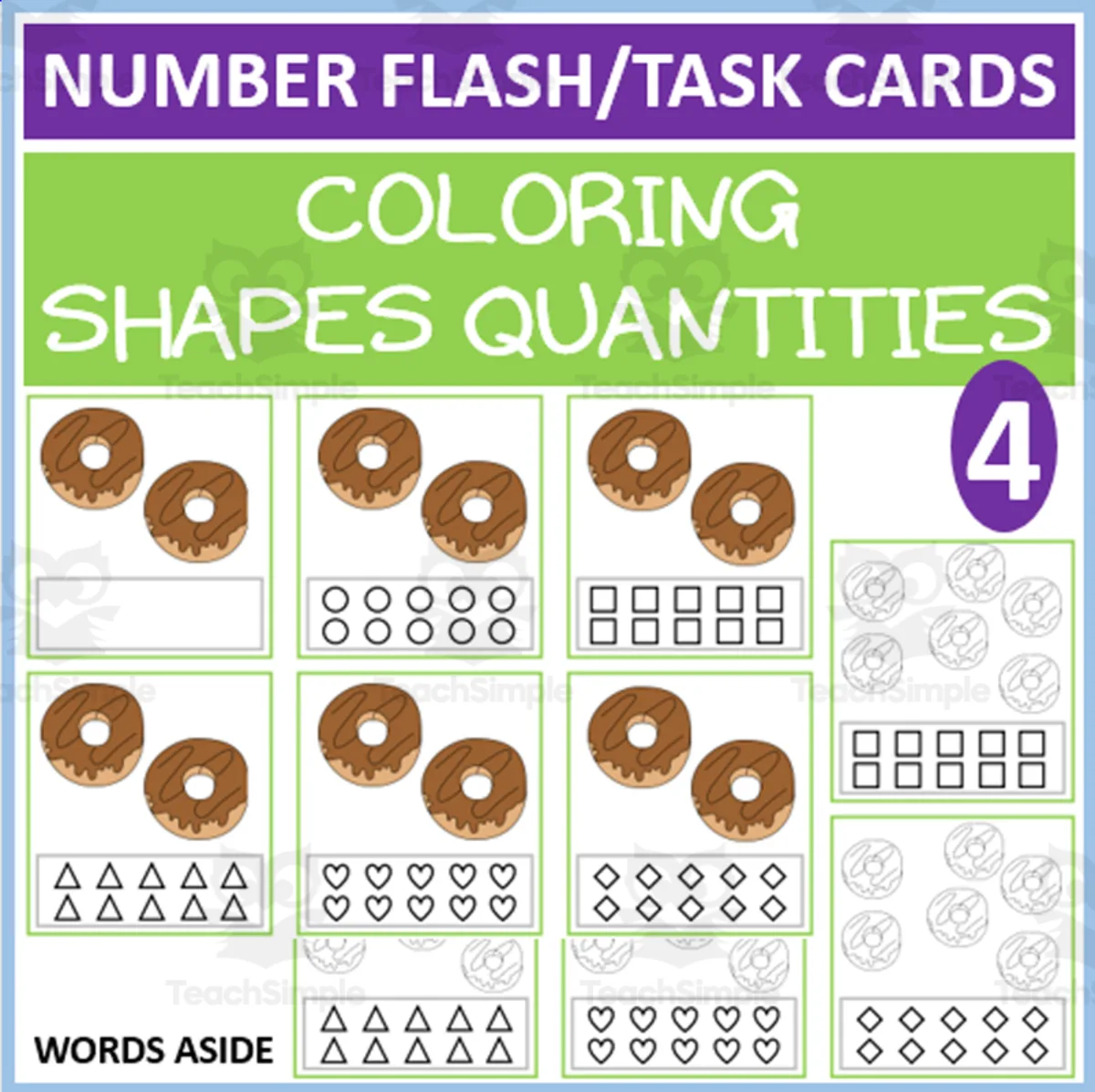 An educational teaching resource from WORDS ASIDE entitled COUNTING SHAPES COLORING TASK CARDS 4 downloadable at Teach Simple.