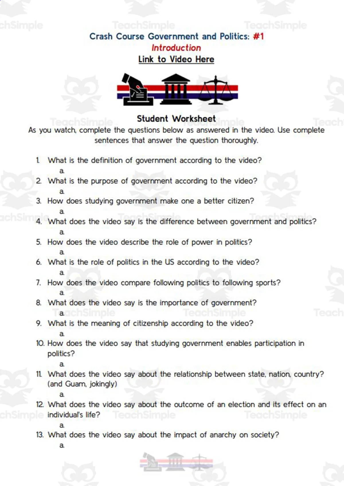 An educational teaching resource from Ed Dynamic entitled Crash Course: Government and Politics #1: Introduction Worksheet downloadable at Teach Simple.