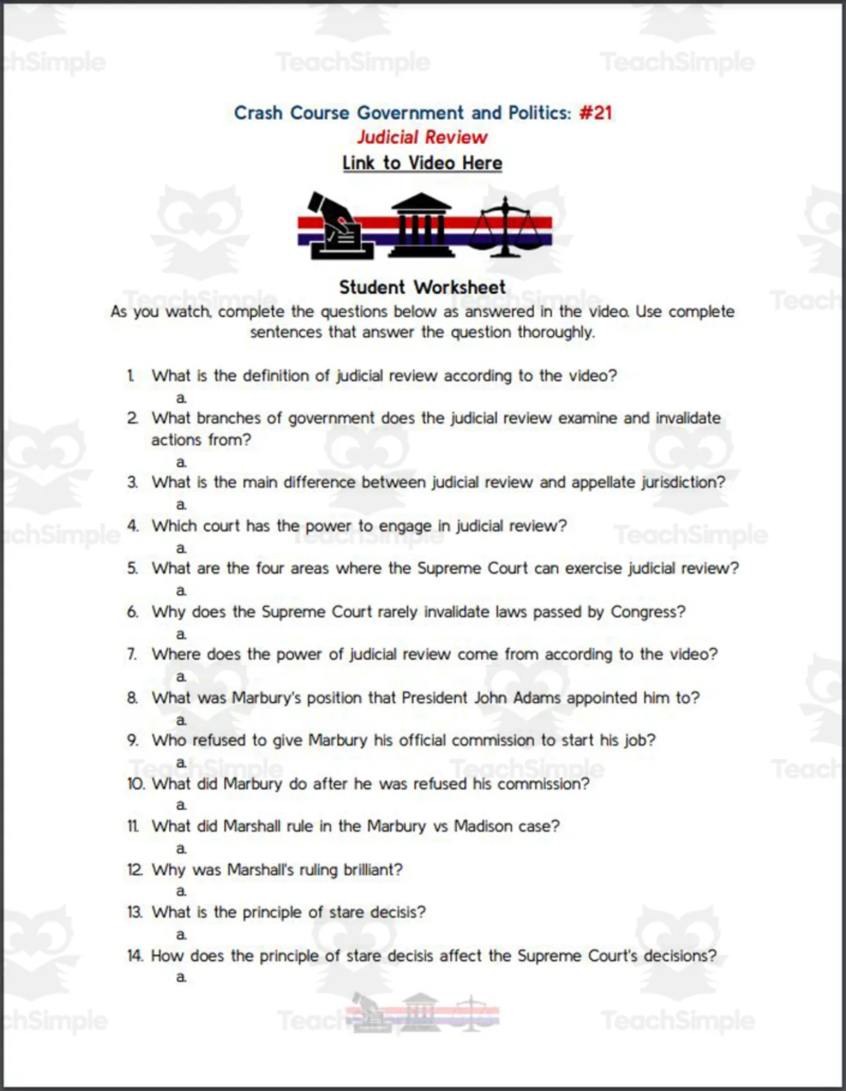 An educational teaching resource from Ed Dynamic entitled Crash Course: Government and Politics #21: Judicial Review Worksheet downloadable at Teach Simple.