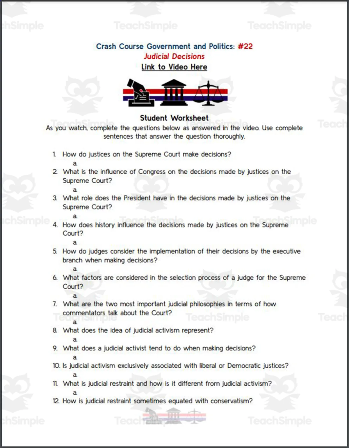 An educational teaching resource from Ed Dynamic entitled Crash Course: Government and Politics #22: Judicial Decisions Worksheet downloadable at Teach Simple.