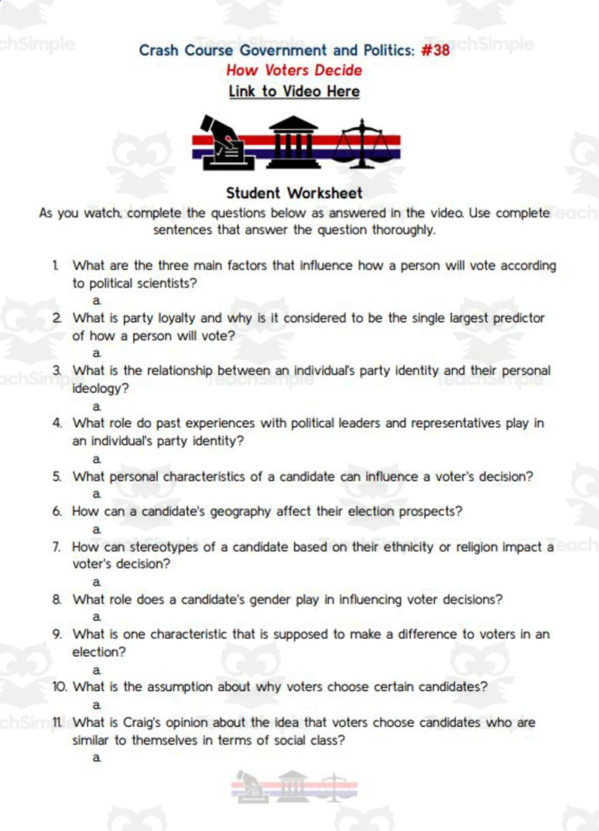 An educational teaching resource from Ed Dynamic entitled Crash Course: Government and Politics #38: How Voters Decide Worksheet downloadable at Teach Simple.