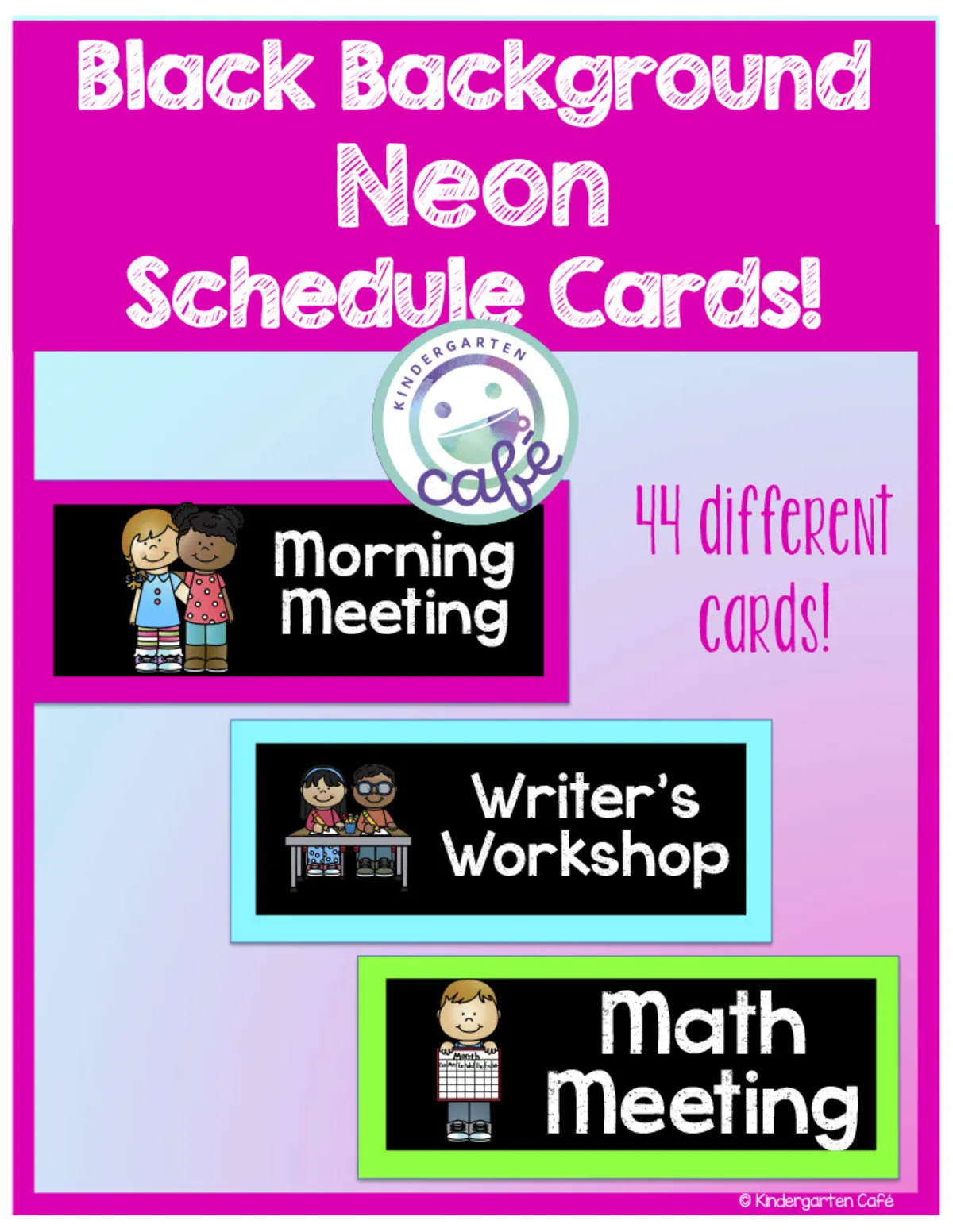 An educational teaching resource from Kindergarten Cafe entitled Daily Schedule Cards | Neon Chalkboard Design downloadable at Teach Simple.