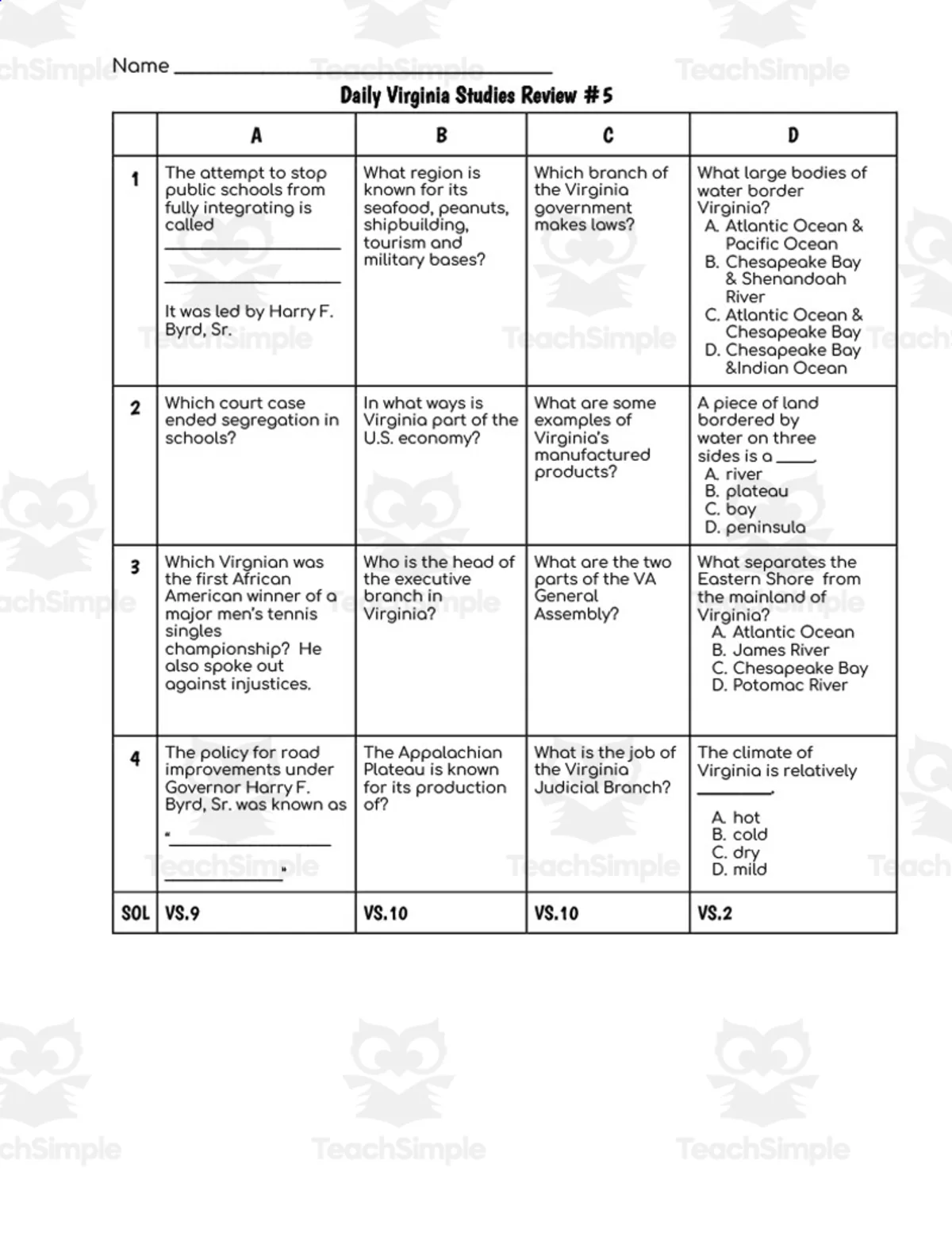 An educational teaching resource from History with DeLong entitled Daily Virginia Studies Review #5 (SOLs 9, 10 and 2) downloadable at Teach Simple.