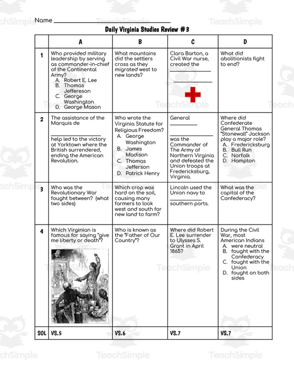 An educational teaching resource from History with DeLong entitled Daily Virginia Studies Review #7 (SOLs 5, 6, and 7) downloadable at Teach Simple.